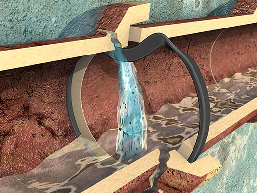 Water flowing into an underground pipe with a broken seal