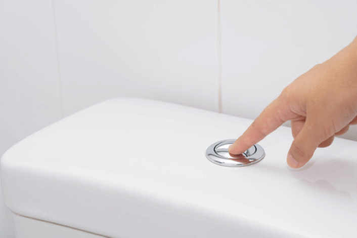 A hand pressing the flush button on a toilet